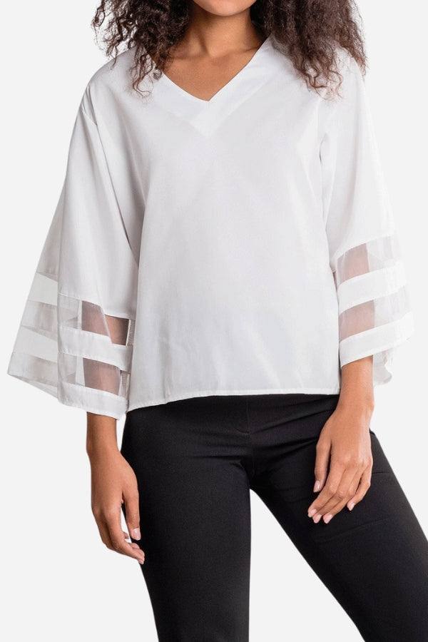 Celeste | Women's V-Neck Bell Sleeve Blouse with Mesh Panel Detail