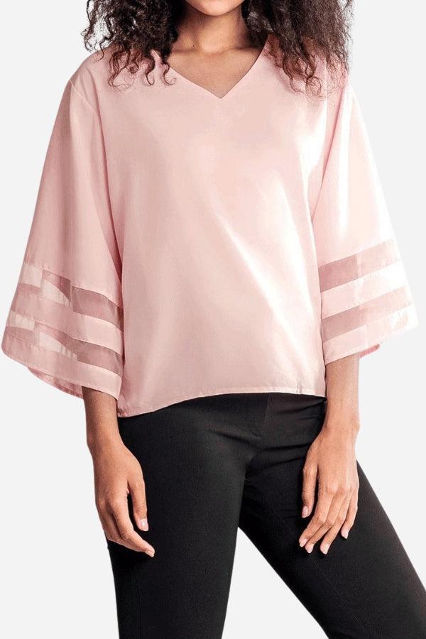 Celeste | Women's V-Neck Bell Sleeve Blouse with Mesh Panel Detail