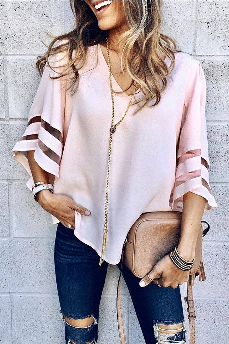 Celeste | Women's V-Neck Bell Sleeve Blouse with Mesh Panel Detail