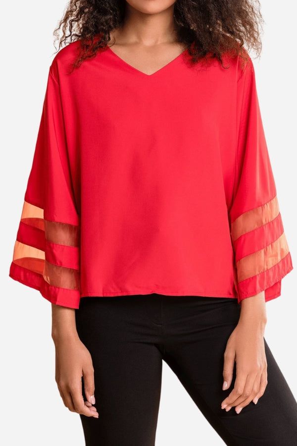 Celeste | Women's V-Neck Bell Sleeve Blouse with Mesh Panel Detail