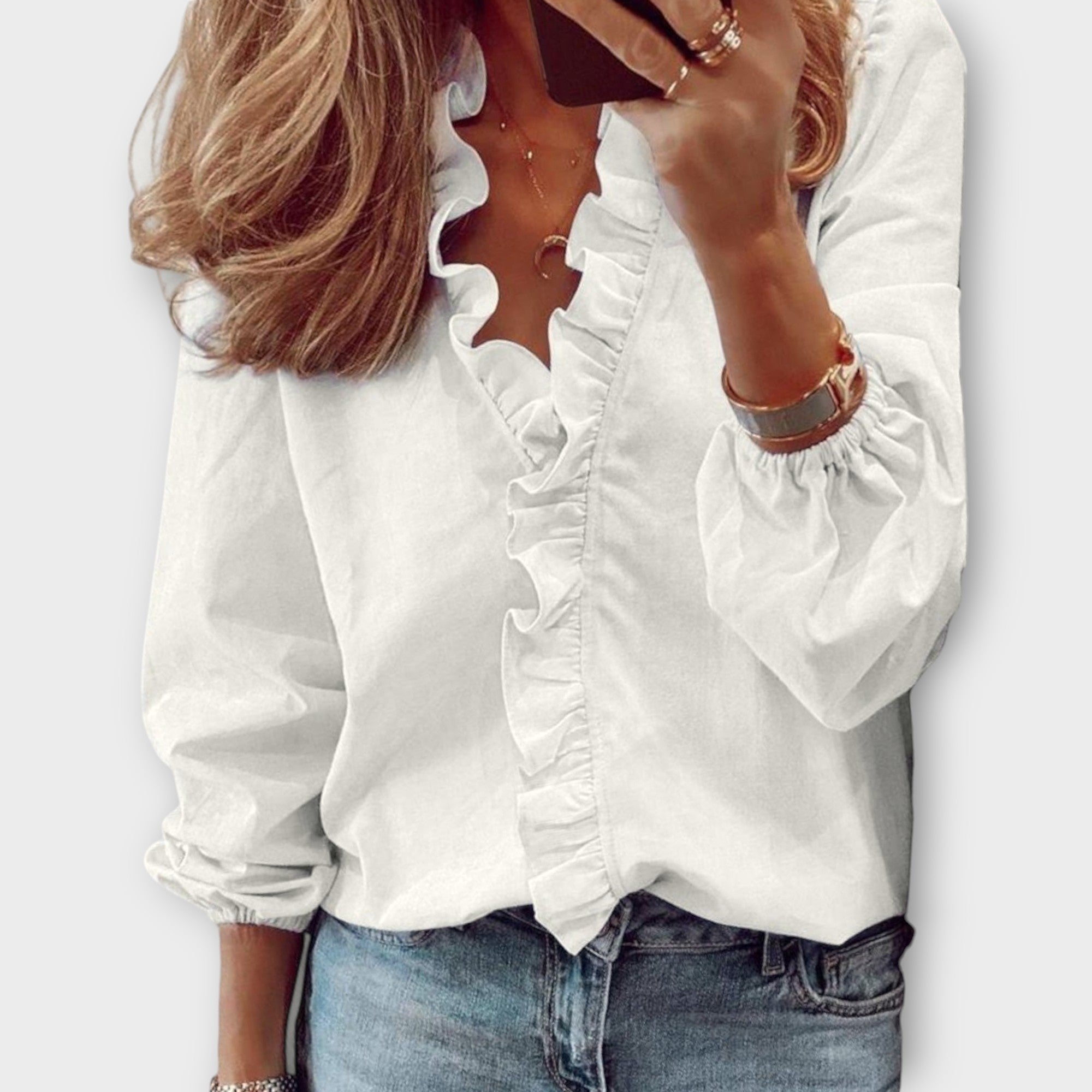 Celeste | Women's Ruffle Front V-Neck Long Sleeve Blouse