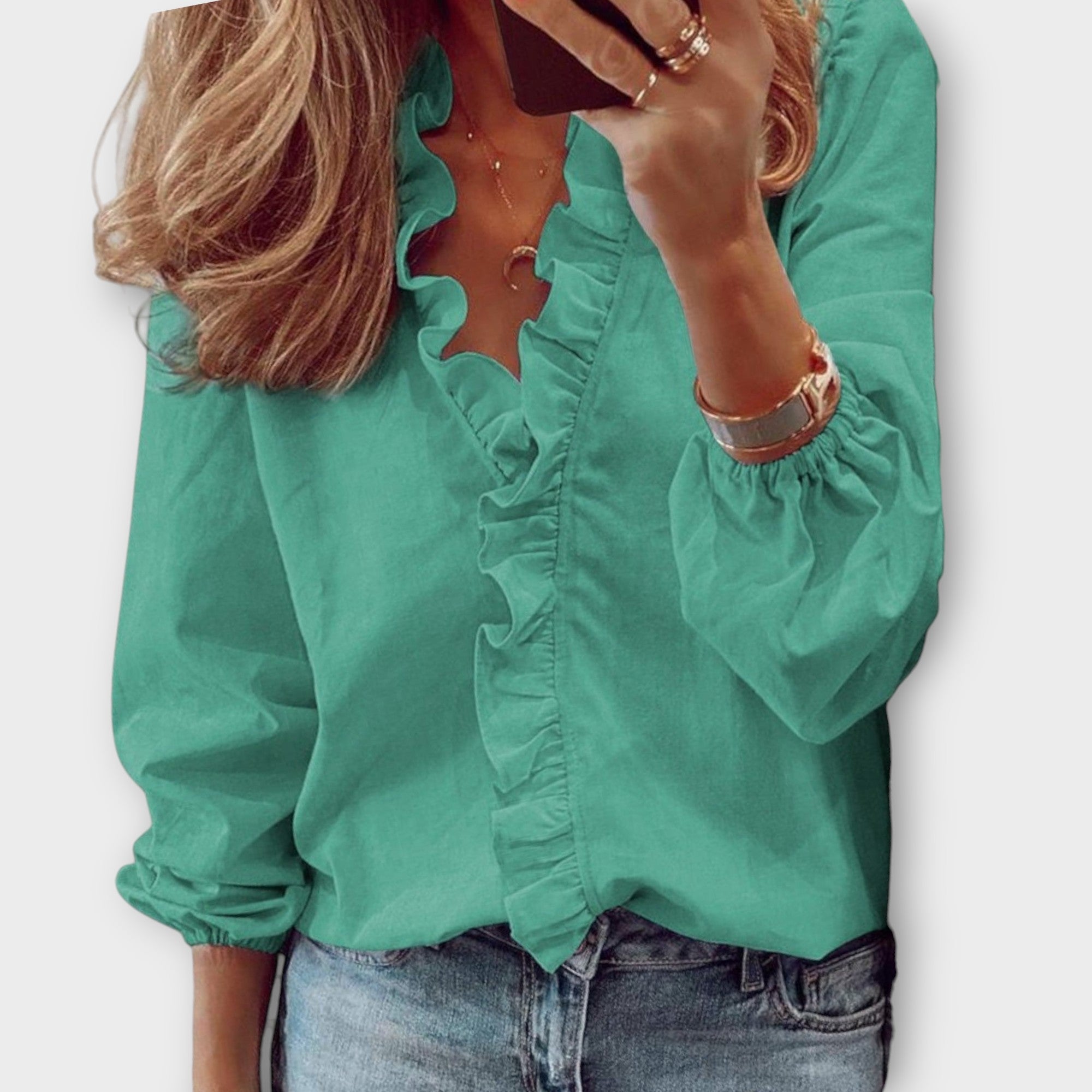 Celeste | Women's Ruffle Front V-Neck Long Sleeve Blouse