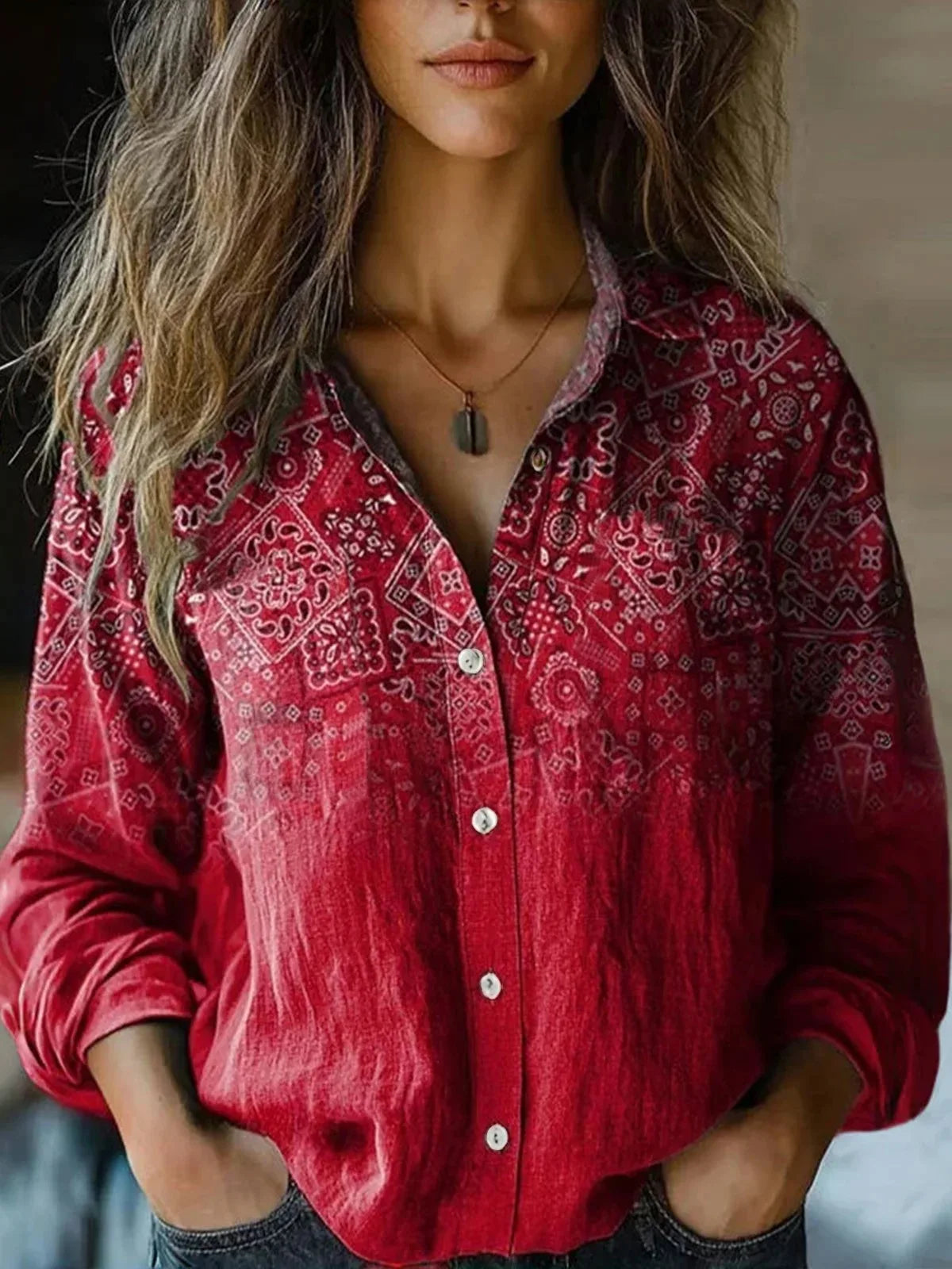 Autumn | Women's Vintage Floral Print Long Sleeve Button-Down Shirt