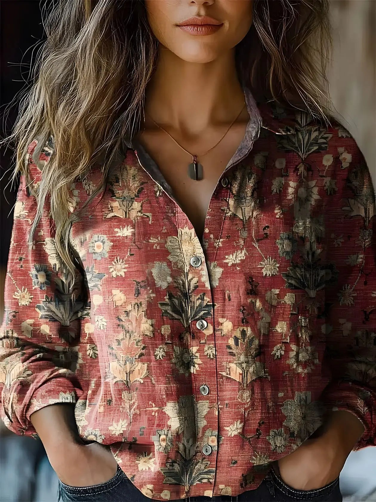 Autumn | Women's Vintage Floral Print Long Sleeve Button-Down Shirt