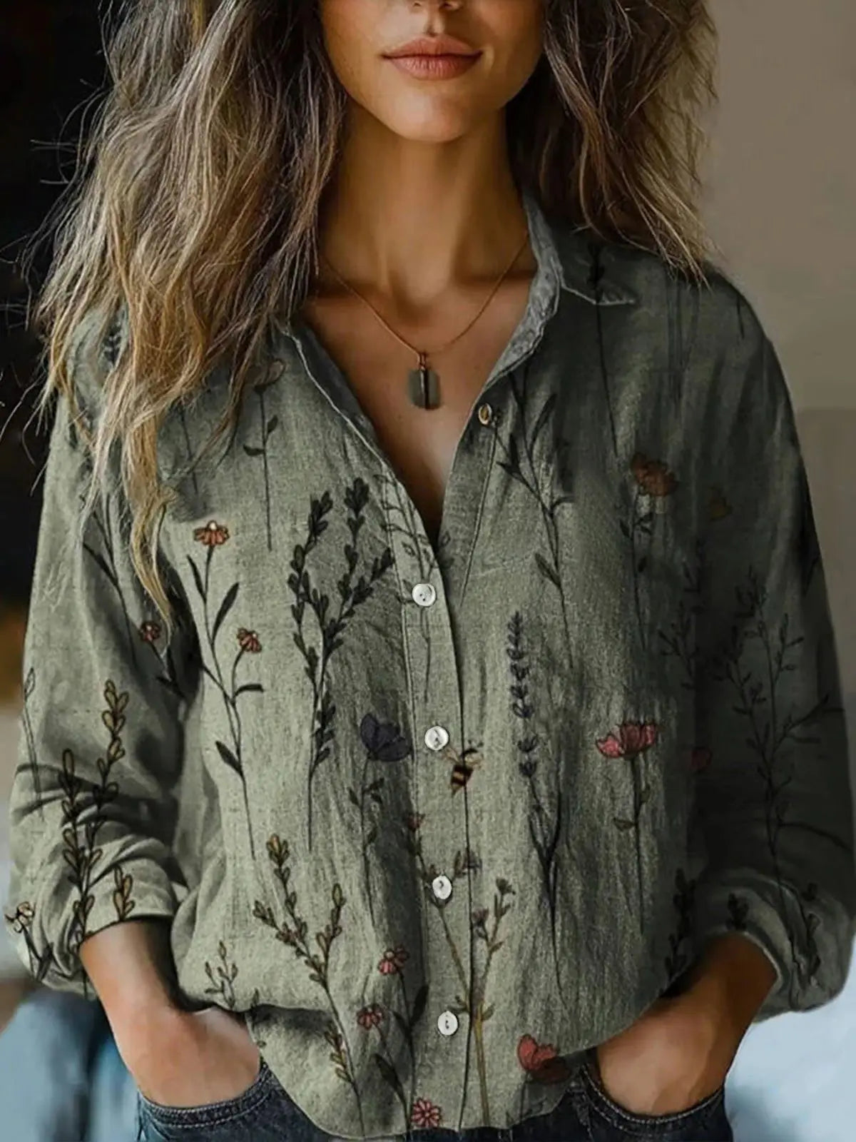 Autumn | Women's Vintage Floral Print Long Sleeve Button-Down Shirt