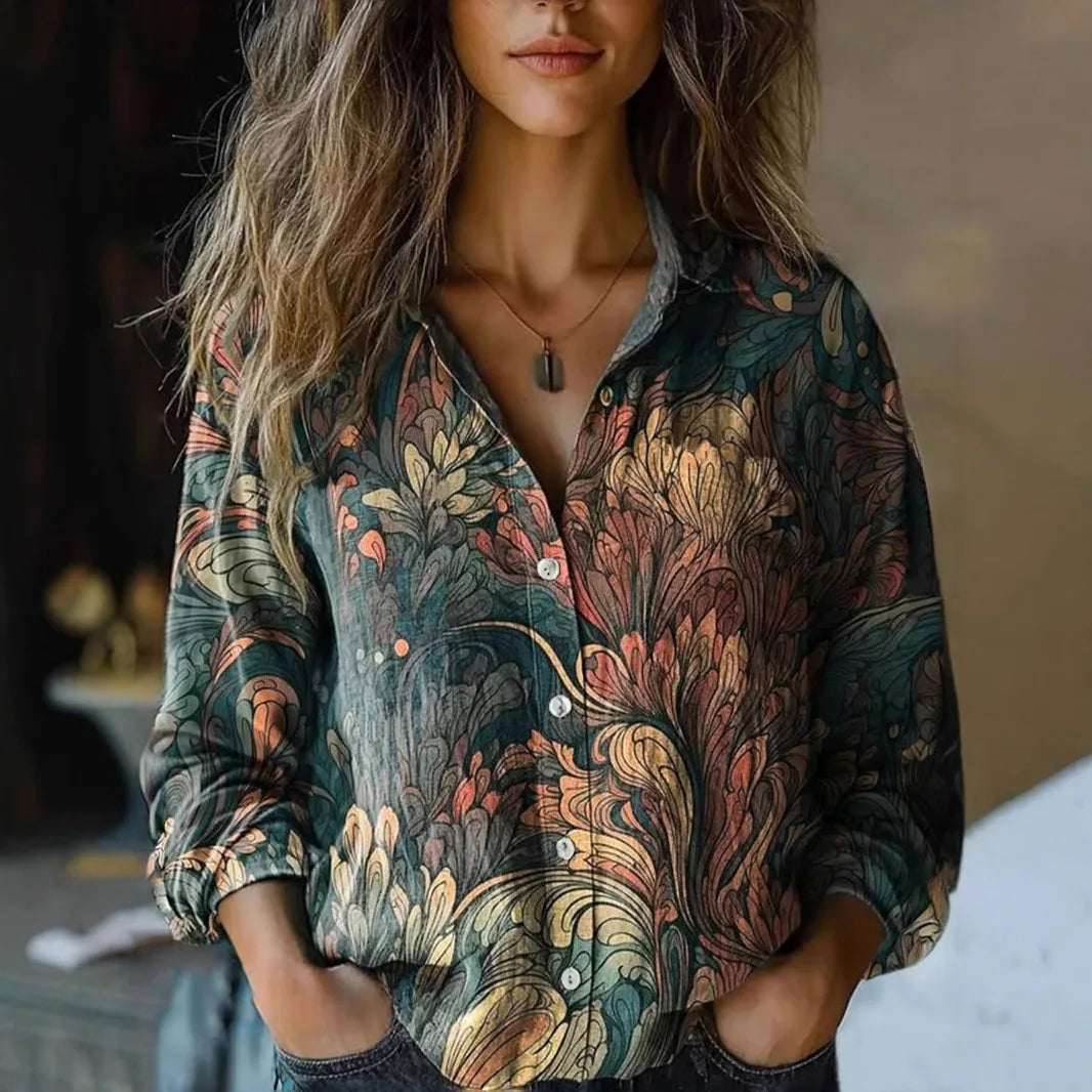 Autumn | Women's Vintage Floral Print Long Sleeve Button-Down Shirt