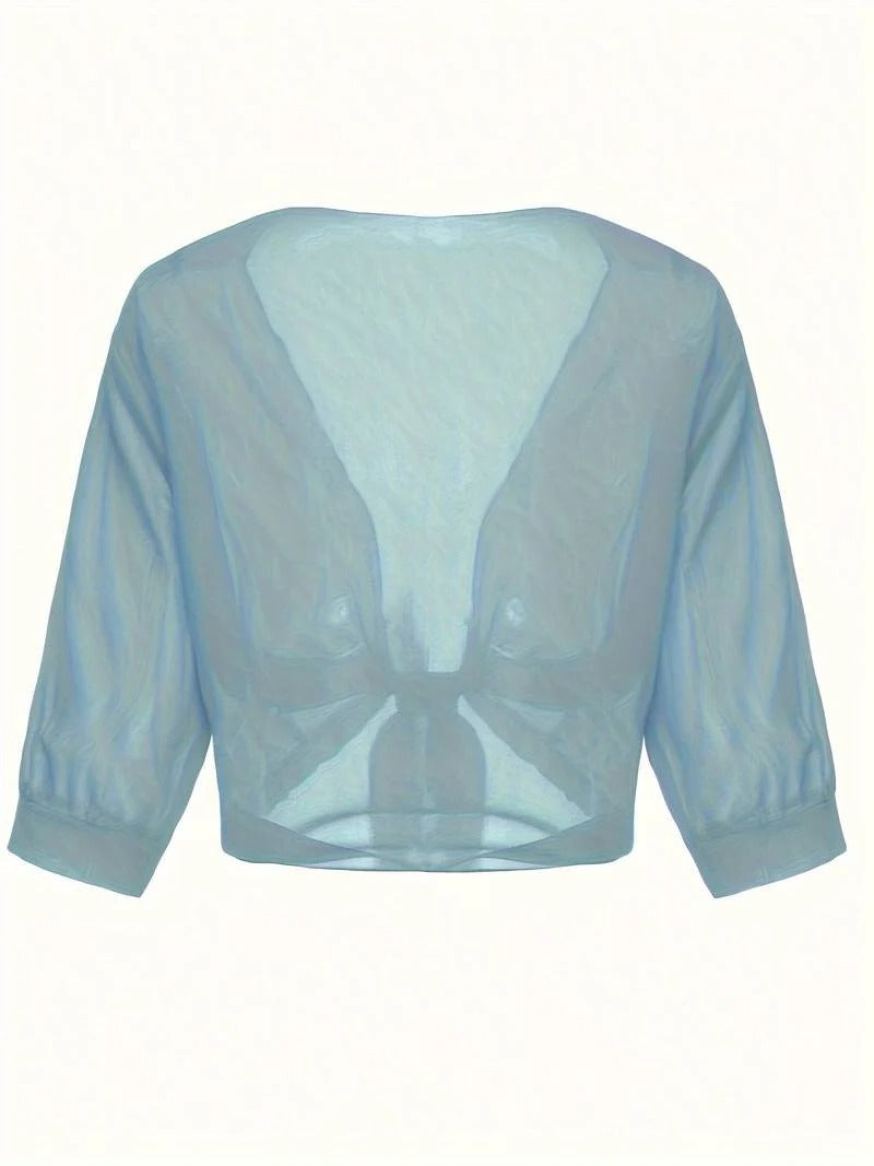 Brisa | Women's Tie Front Sheer Blouse Open Front 3/4 Sleeve Top
