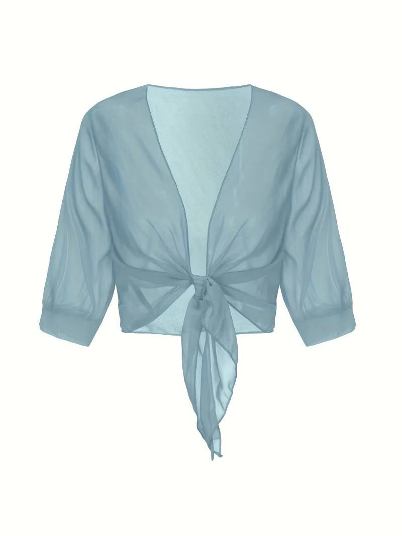 Brisa | Women's Tie Front Sheer Blouse Open Front 3/4 Sleeve Top
