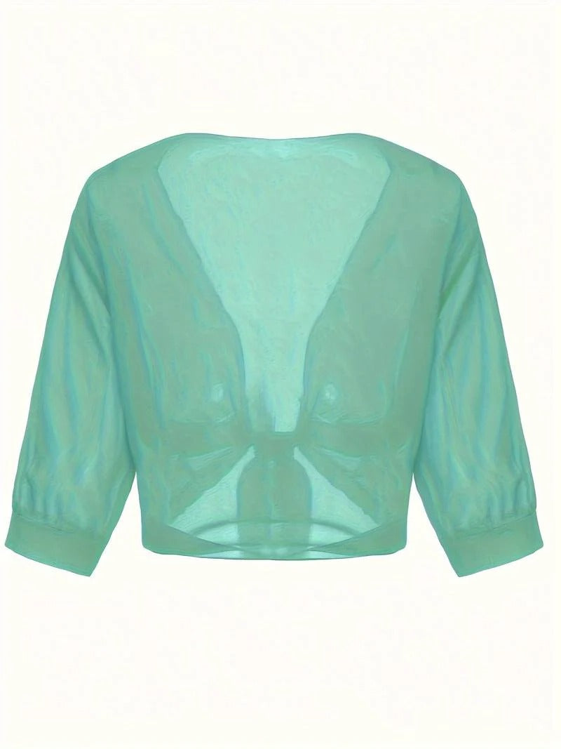 Brisa | Women's Tie Front Sheer Blouse Open Front 3/4 Sleeve Top