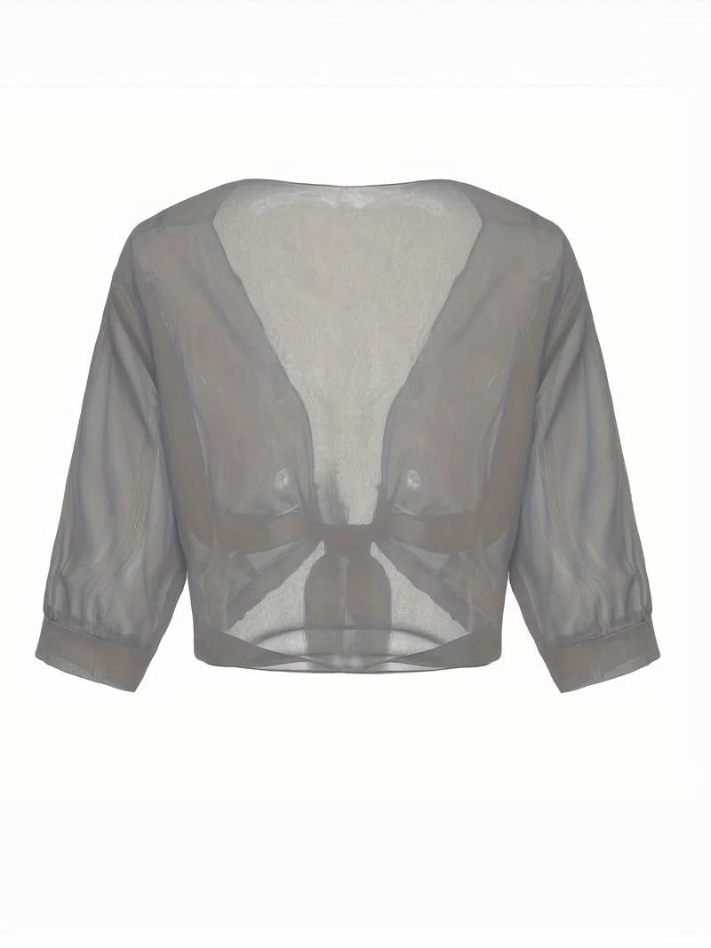 Brisa | Women's Tie Front Sheer Blouse Open Front 3/4 Sleeve Top