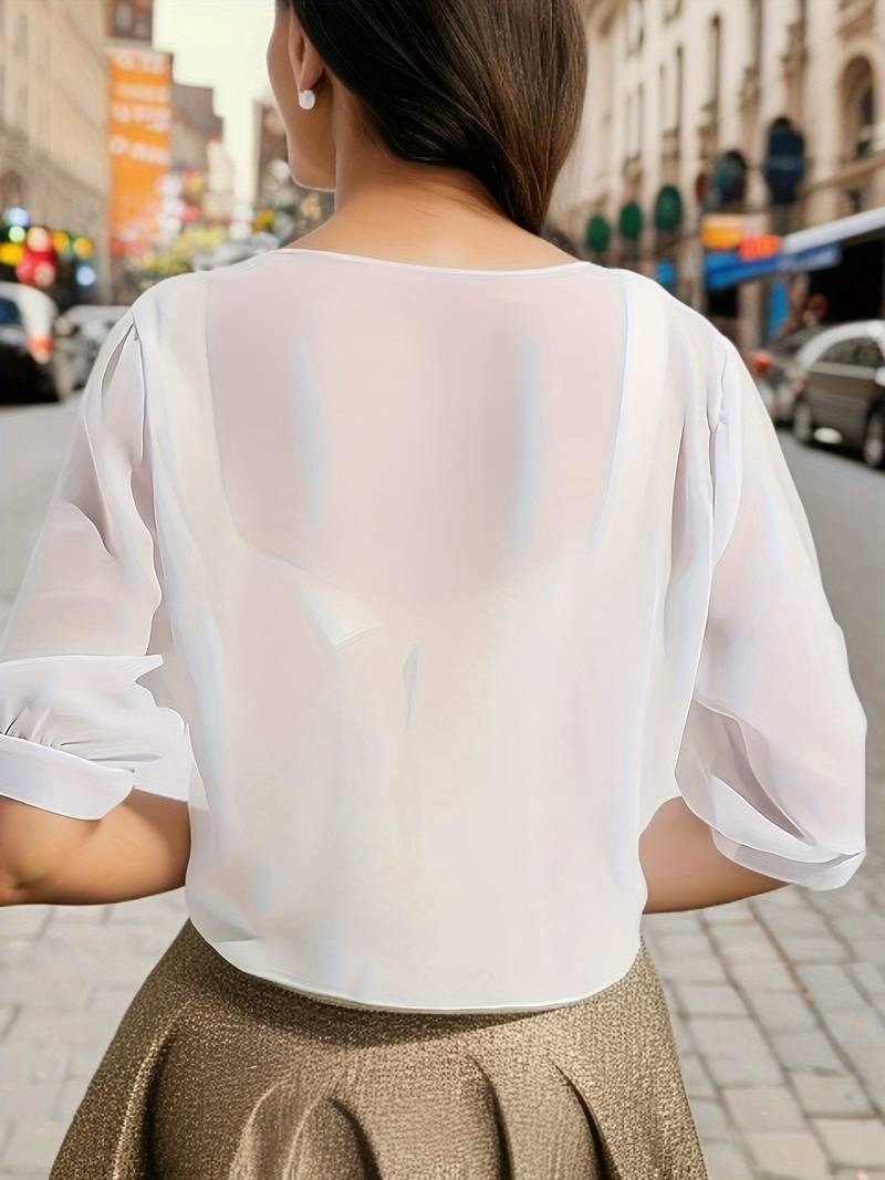 Brisa | Women's Tie Front Sheer Blouse Open Front 3/4 Sleeve Top