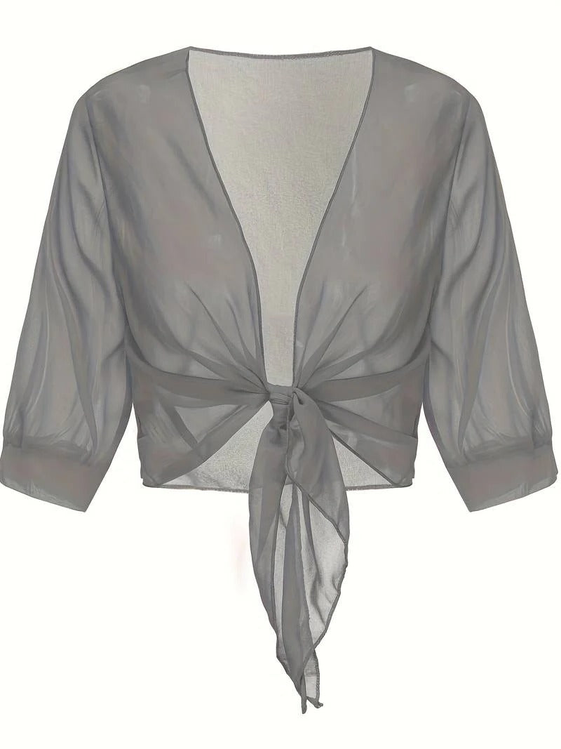Brisa | Women's Tie Front Sheer Blouse Open Front 3/4 Sleeve Top