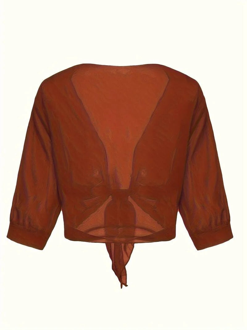 Brisa | Women's Tie Front Sheer Blouse Open Front 3/4 Sleeve Top