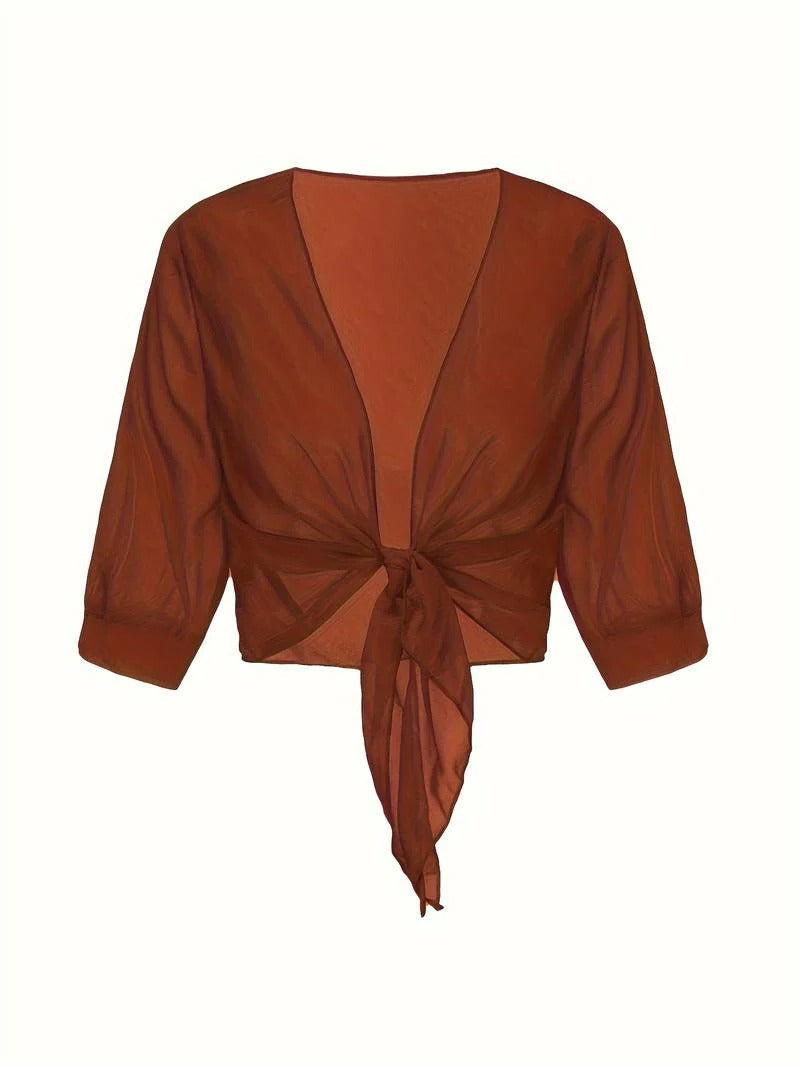 Brisa | Women's Tie Front Sheer Blouse Open Front 3/4 Sleeve Top