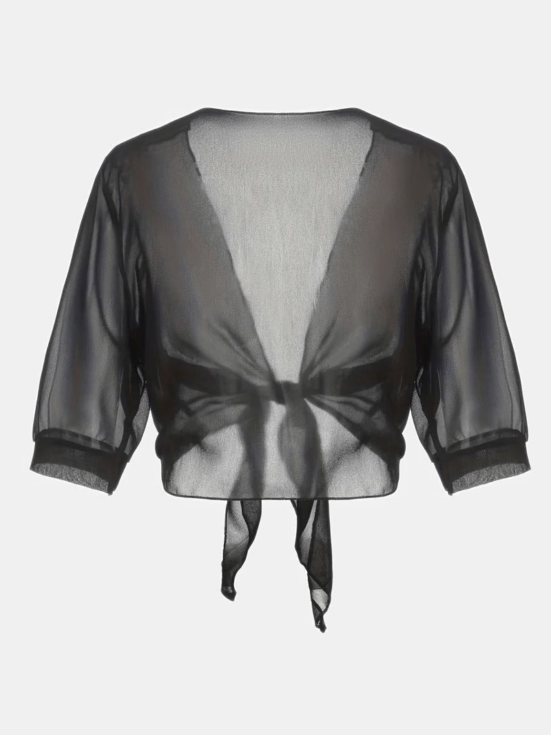 Brisa | Women's Tie Front Sheer Blouse Open Front 3/4 Sleeve Top