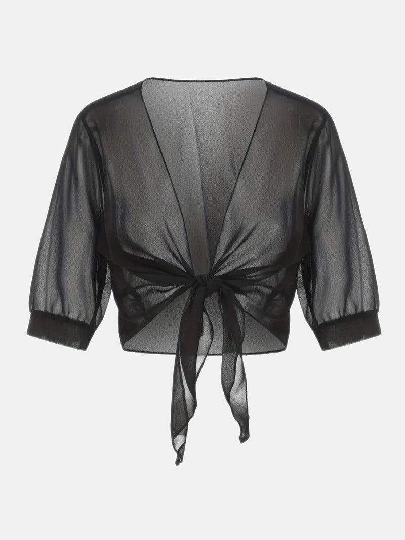 Brisa | Women's Tie Front Sheer Blouse Open Front 3/4 Sleeve Top