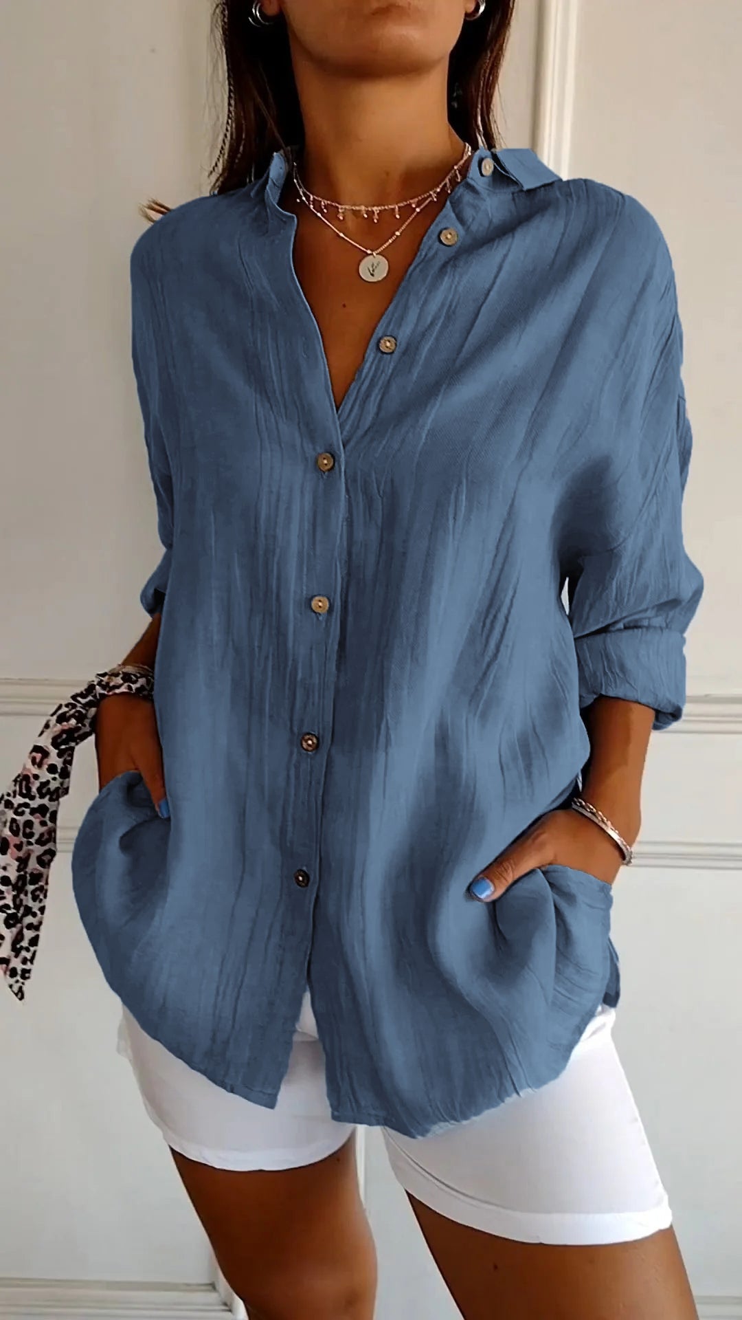 Azure | Women's Casual Button-Down Shirt Oversized Long Sleeve
