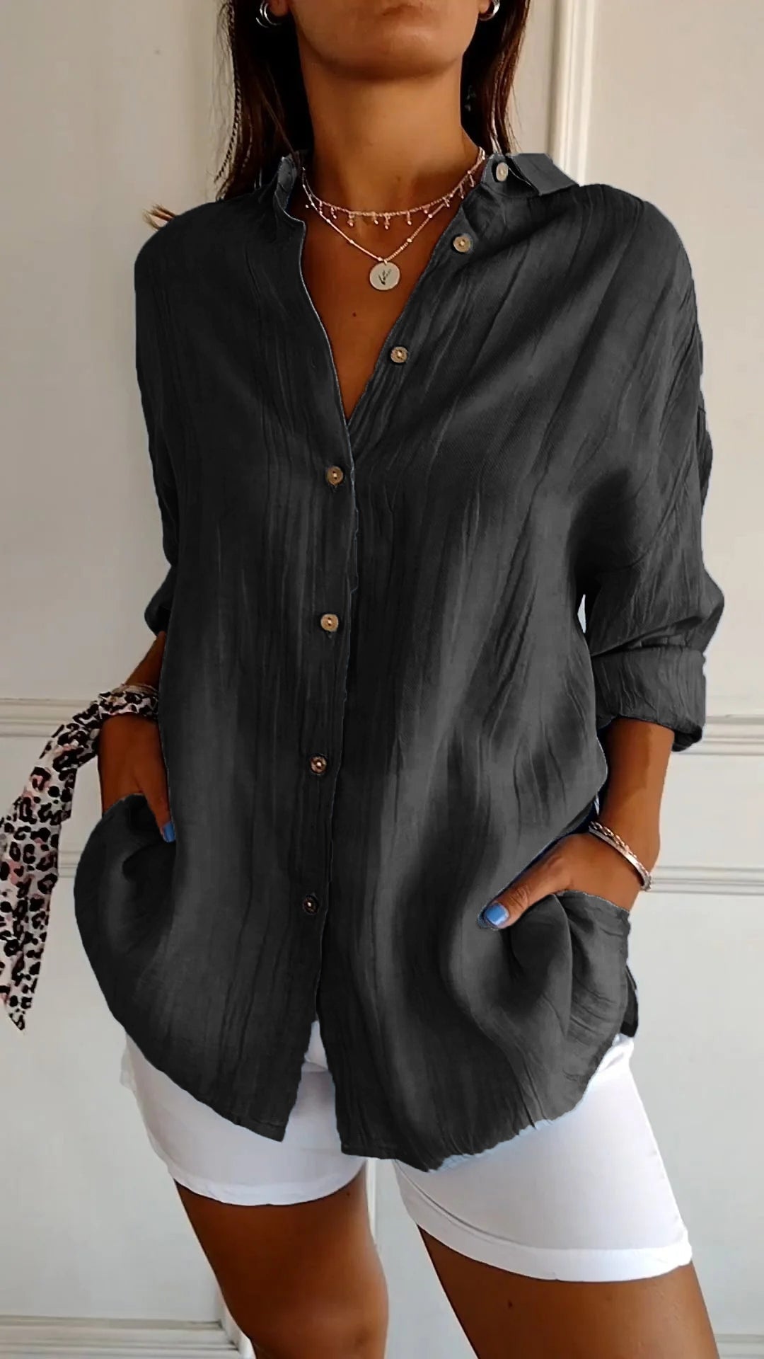 Azure | Women's Casual Button-Down Shirt Oversized Long Sleeve