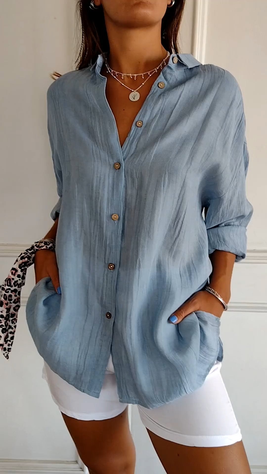 Azure | Women's Casual Button-Down Shirt Oversized Long Sleeve